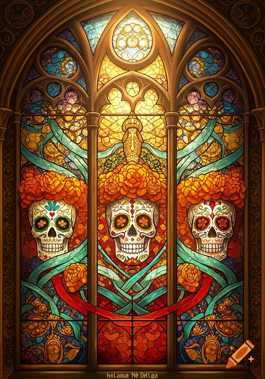 Three sugar skulls with marigolds in a vibrant stained glass window.