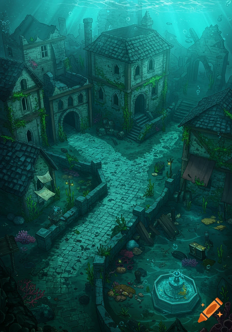 Illustrated overhead view of a drowned fantasy town map, with ruined stone buildings, cobbled streets, seaweed, coral, and a central fountain.