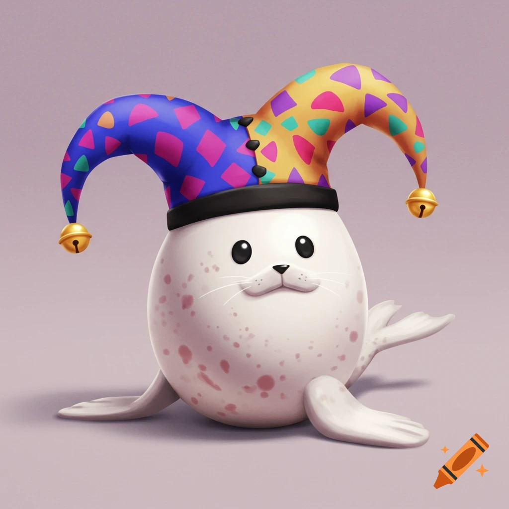 A cute, cartoonish white seal egg with light pink spots wears a colorful blue, yellow, and pink jester hat with bells.