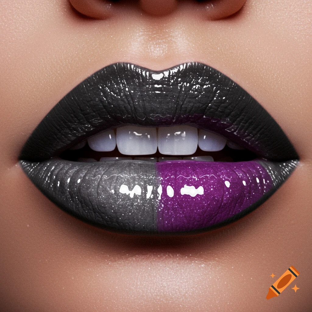Close-up of glossy lips featuring a black upper lip, and a lower lip split between glittery gray and vibrant purple.