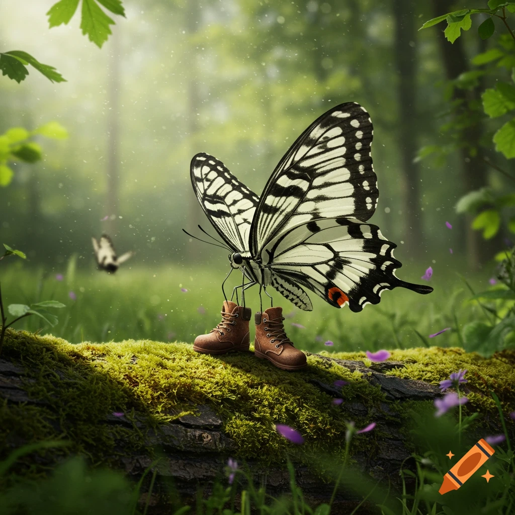 A whimsical black and white butterfly with brown boots stands on a mossy log in a sun-dappled forest.