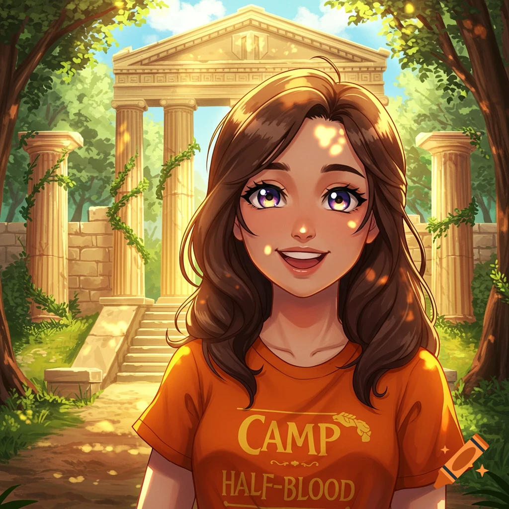 Smiling anime girl with brown hair and purple eyes, wearing an orange 'Camp Half-Blood' t-shirt, stands in front of a Greek temple under sunlight.