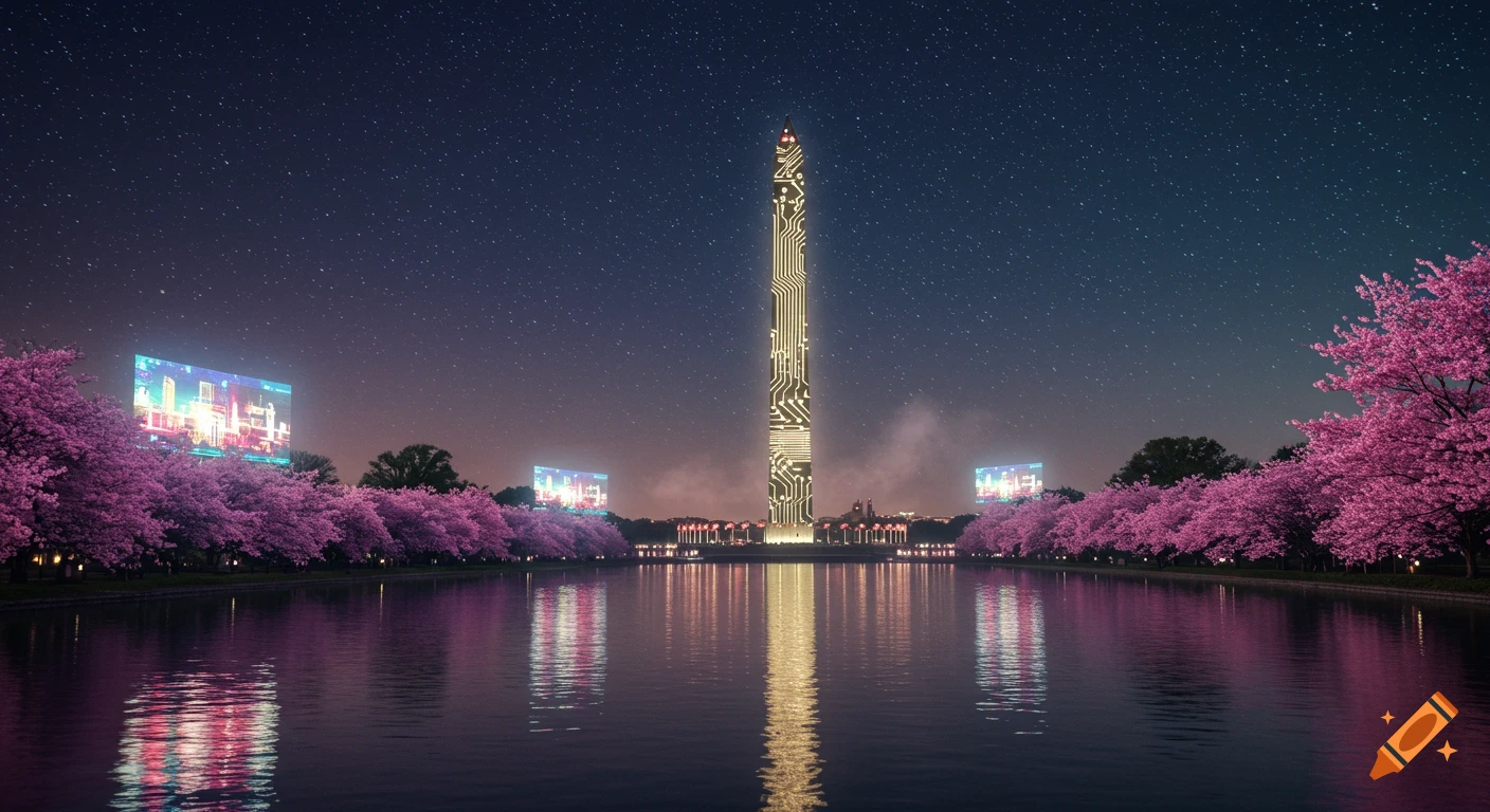 Cyberpunk Washington Monument covered in glowing circuits, reflected in water, surrounded by pink cherry blossoms at night under a starry sky.