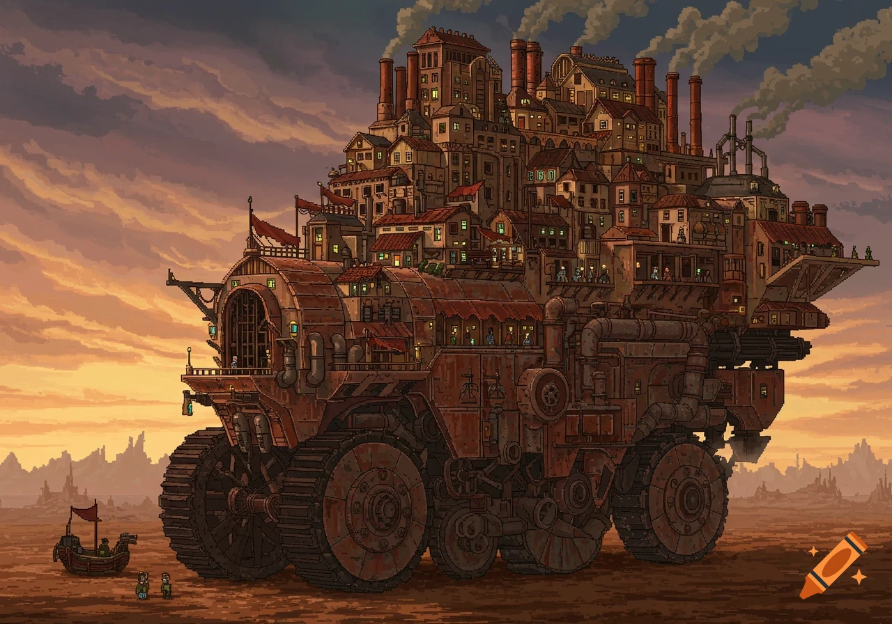Pixel art of a huge steampunk mobile city, a moving fortress of buildings on tank treads, in a desert landscape under a sunset sky.