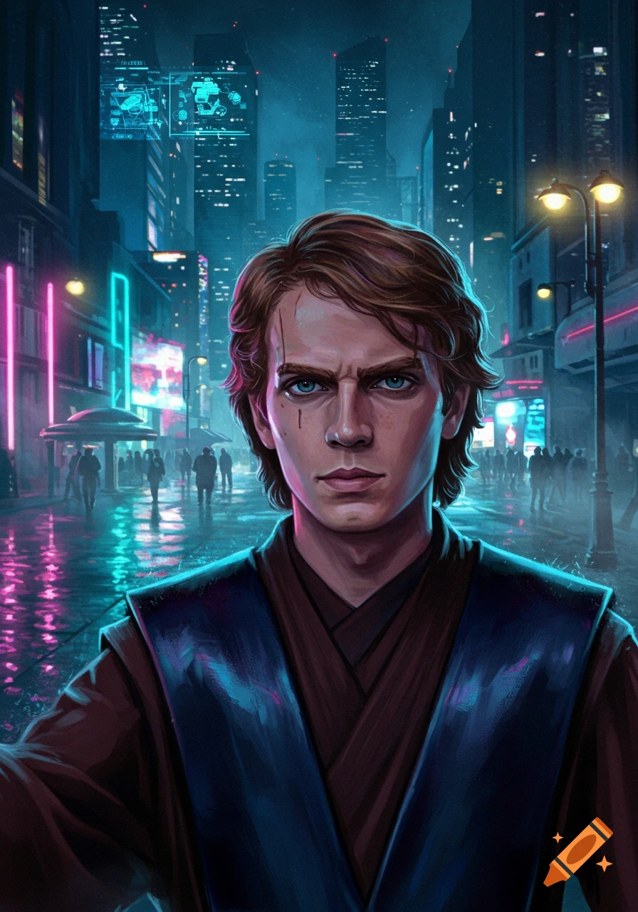 Digital painting of Anakin Skywalker with blue eyes and a scar, in brown robes, standing in a rainy, neon-lit cyberpunk city street at night.