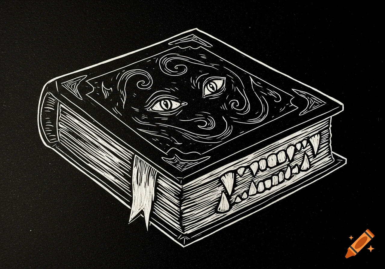 Black and white linocut illustration of a spooky book with eyes on the cover and sharp teeth along its opening.