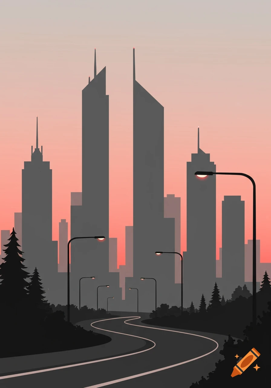 Minimalist line art of dark skyscraper silhouettes against a peach sky, with a winding road and streetlights.