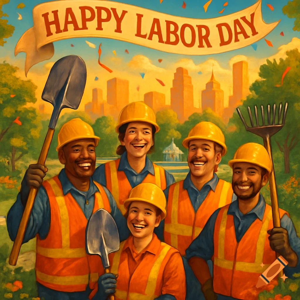 Diverse group of smiling workers in hard hats and safety vests hold tools under a 'Happy Labor Day' banner with a city skyline, in a painterly style.