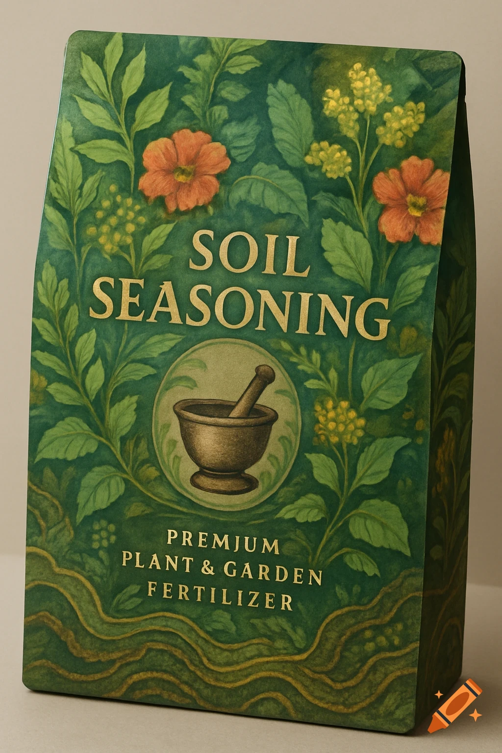 Green package for 'Soil Seasoning' plant fertilizer with floral illustrations and a mortar and pestle icon.