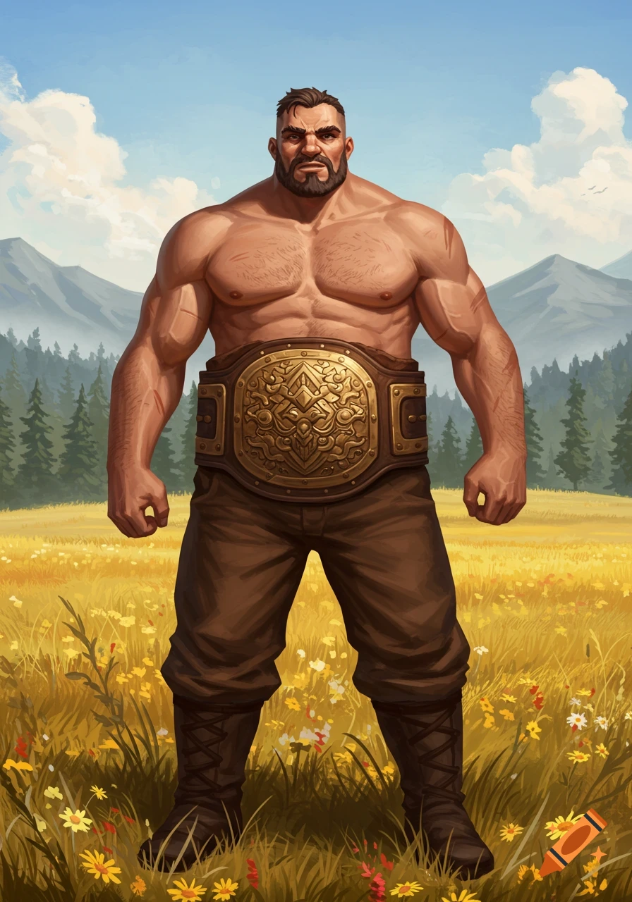A muscular man with a beard and a large golden championship belt stands in a grassy field with mountains and sky.