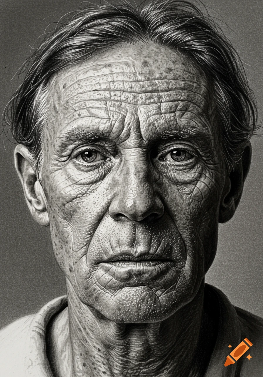 Highly detailed black and white pencil sketch portrait of an older man with a very wrinkled face.