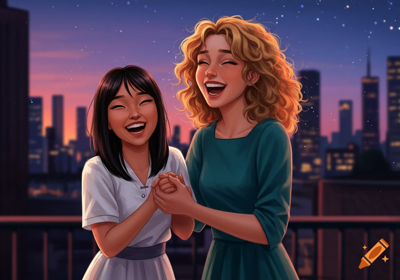 Stylized illustration of two joyful young women, one Asian, one blonde, holding hands on a city rooftop at twilight.