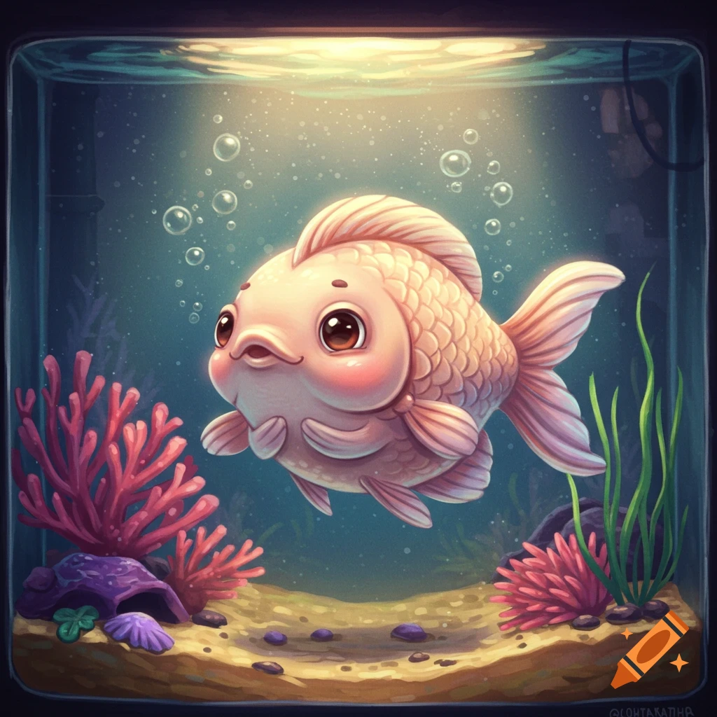 A cute, pink cartoon fish with big eyes and rosy cheeks swims in a brightly lit fish tank with coral and plants.