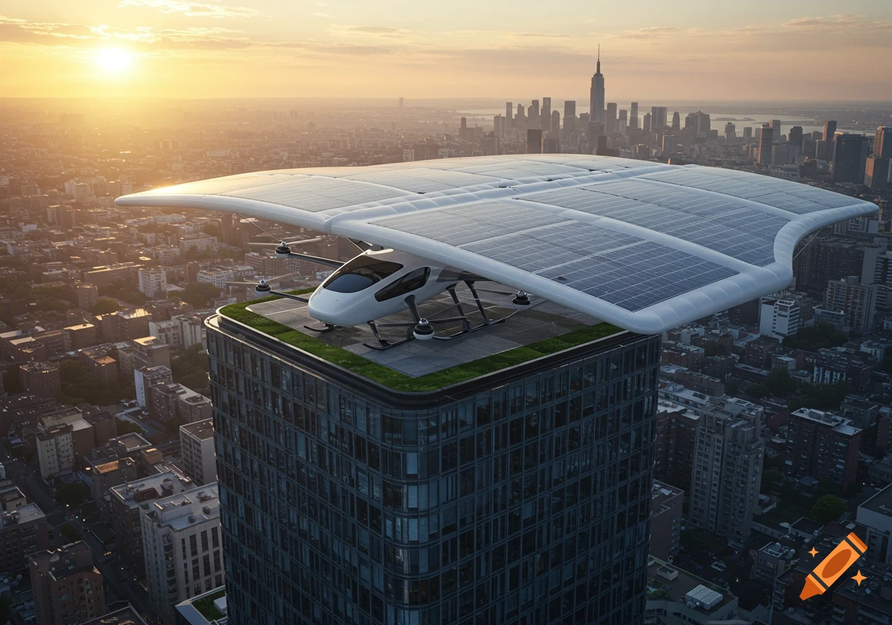 A futuristic solar-powered aircraft with large wings parked on a skyscraper's green rooftop, overlooking a city skyline at sunset.