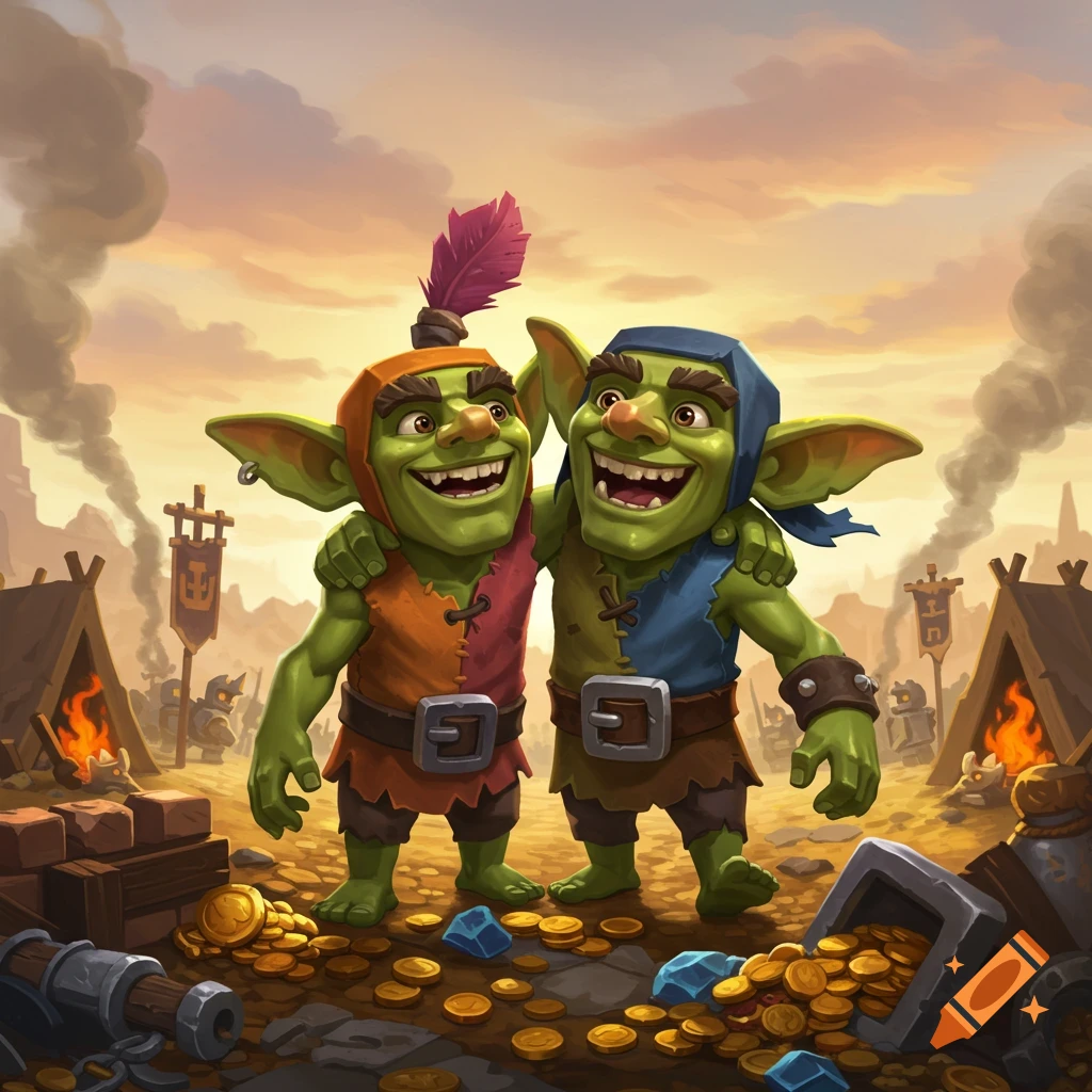 Two smiling green goblins embrace in a cartoon fantasy camp surrounded by gold coins and gems.