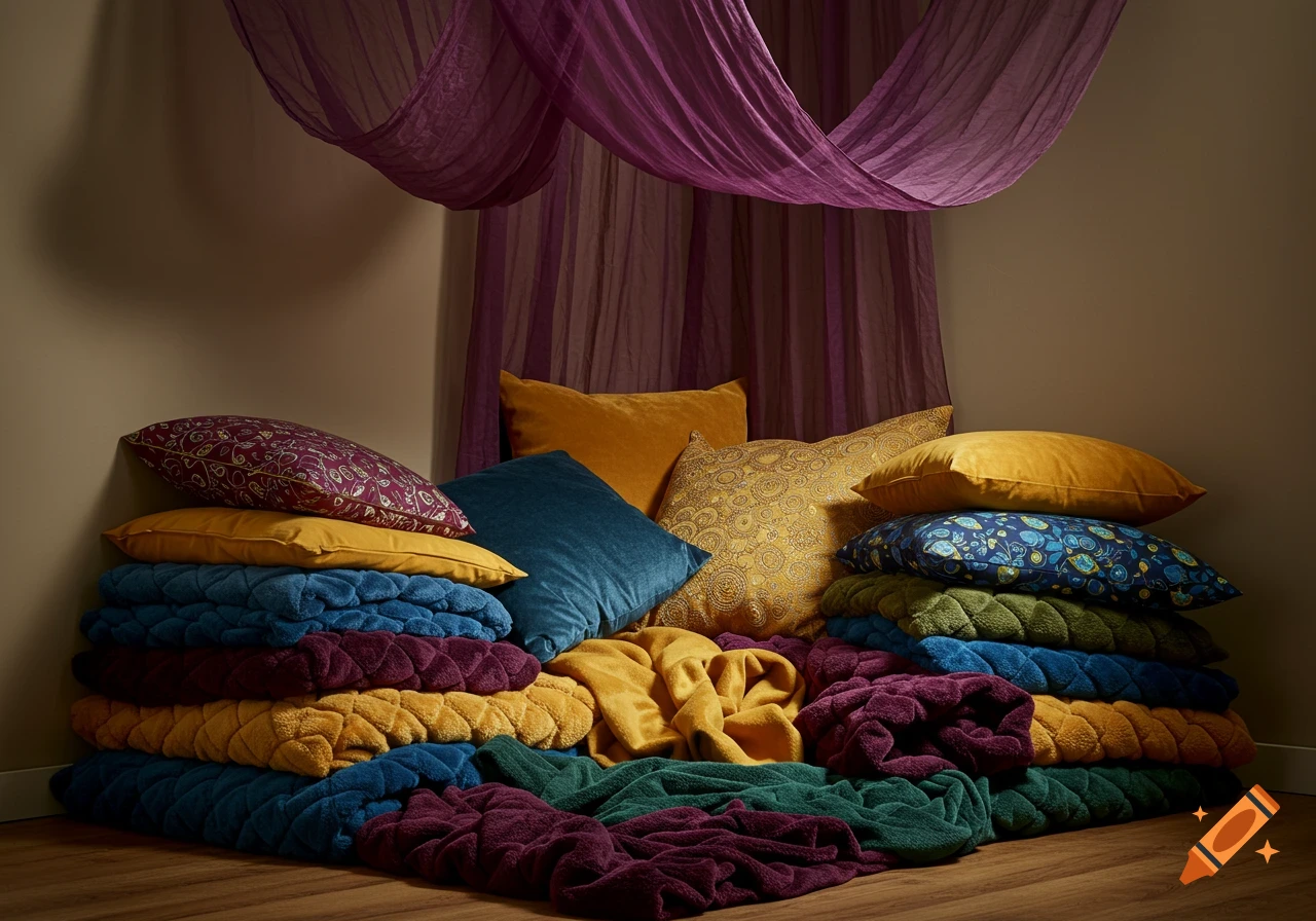 Cozy corner with stacks of jewel-toned blankets and decorative pillows under a plum purple gauze canopy, on a wooden floor.