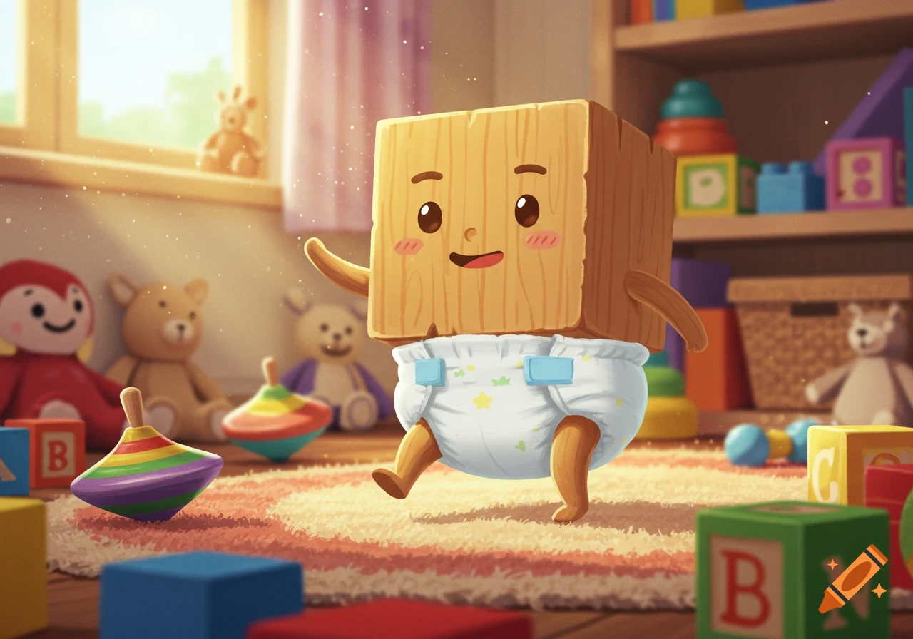 A happy wooden block character in a diaper walks through a sunny playroom filled with colorful toys like blocks and teddy bears.