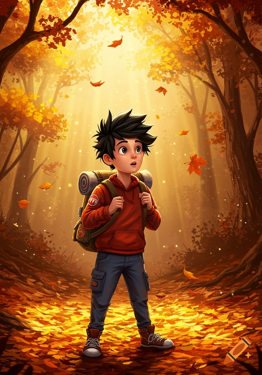 A cartoon boy with a backpack stands in an autumn forest, looking up at golden light and falling leaves.