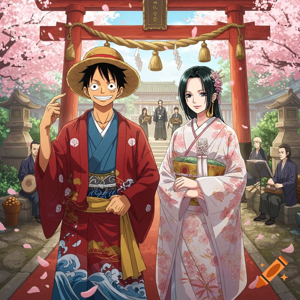 Luffy and Hancock in kimonos at a cherry blossom-filled Japanese shrine.