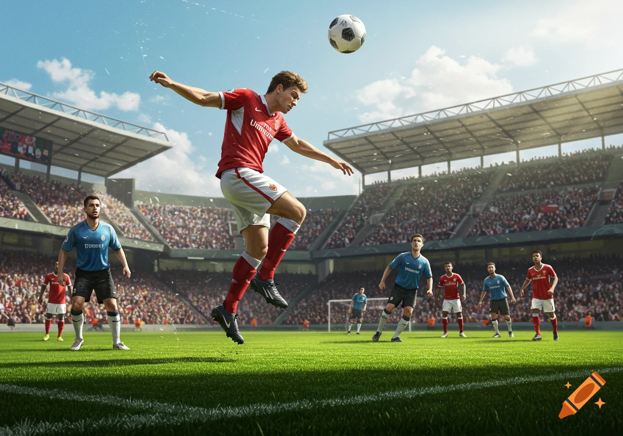 A photorealistic image of a soccer player in a red jersey kicking a ball mid-air in a packed stadium.