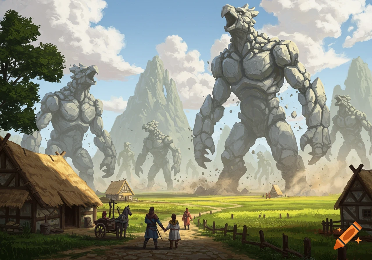 Giant rock monsters resembling birds loom over a small village in a green valley, with humans on a path in the foreground, in a fantasy art style.
