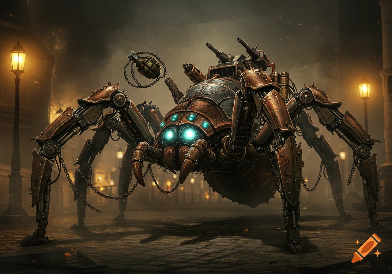 A large, menacing steampunk robotic tarantula with glowing blue eyes and cannons, holding a chained grenade in a foggy city street.