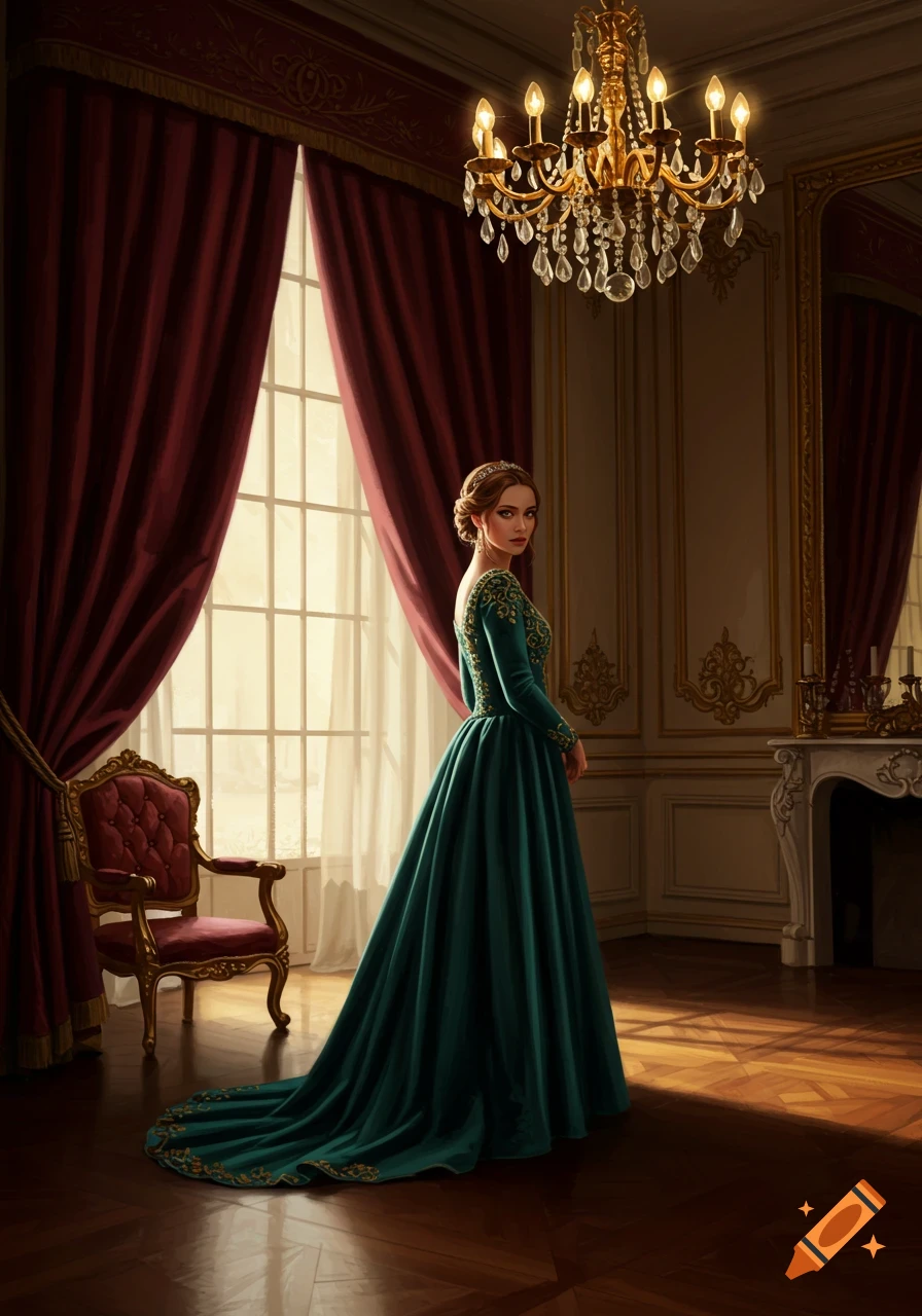 A woman in a long emerald green gown and tiara stands in a lavish, opulent room with red curtains and a gold chandelier.