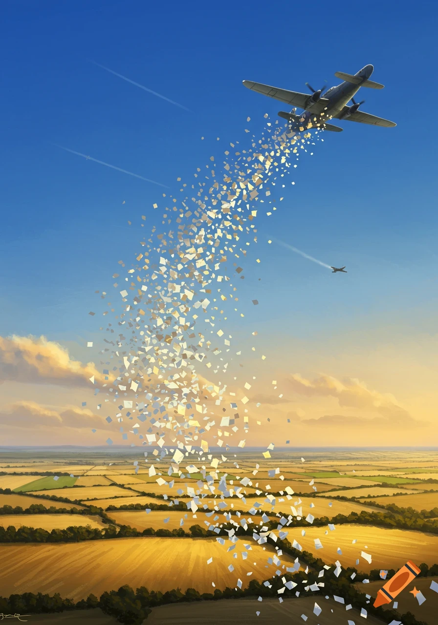 An airplane drops countless white paper leaflets over golden fields under a blue sky with soft sunset clouds.