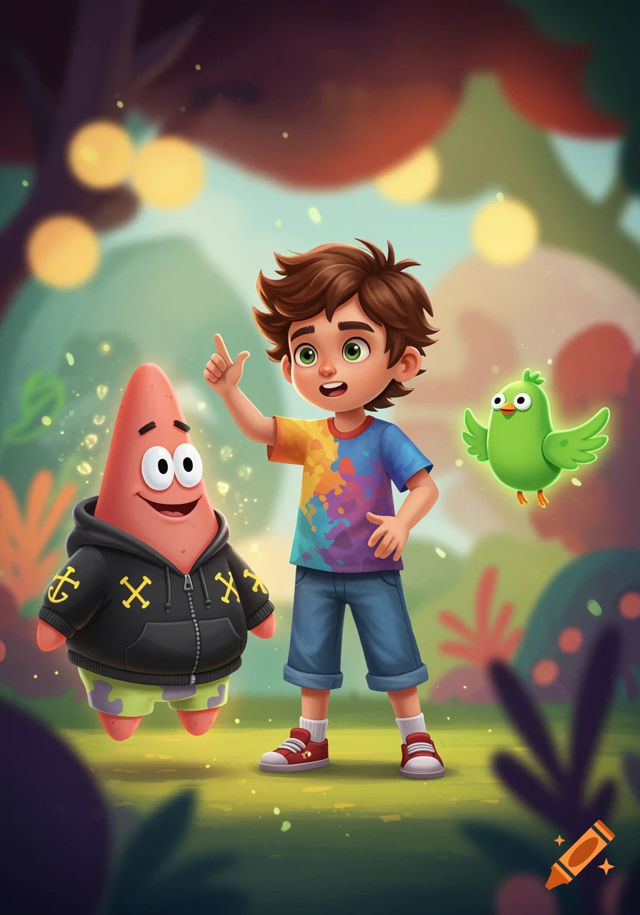 An illustration of a cartoon boy in a colorful shirt pointing, next to Patrick Star in a black hoodie, and a green Duolingo-like bird.