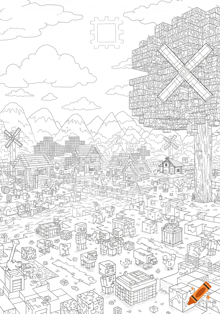 Black and white line art of a Minecraft-style village with blocky houses, animals, and trees under a cloudy sky, ready for coloring.