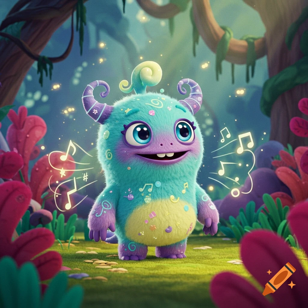 A cute, fluffy blue and purple monster with big eyes and a wide smile, surrounded by glowing musical notes in a magical forest.