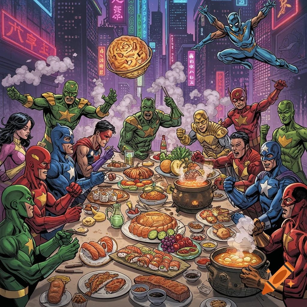 A vibrant comic art illustration of diverse superheroes enjoying a large feast at a table in a neon-lit futuristic city.