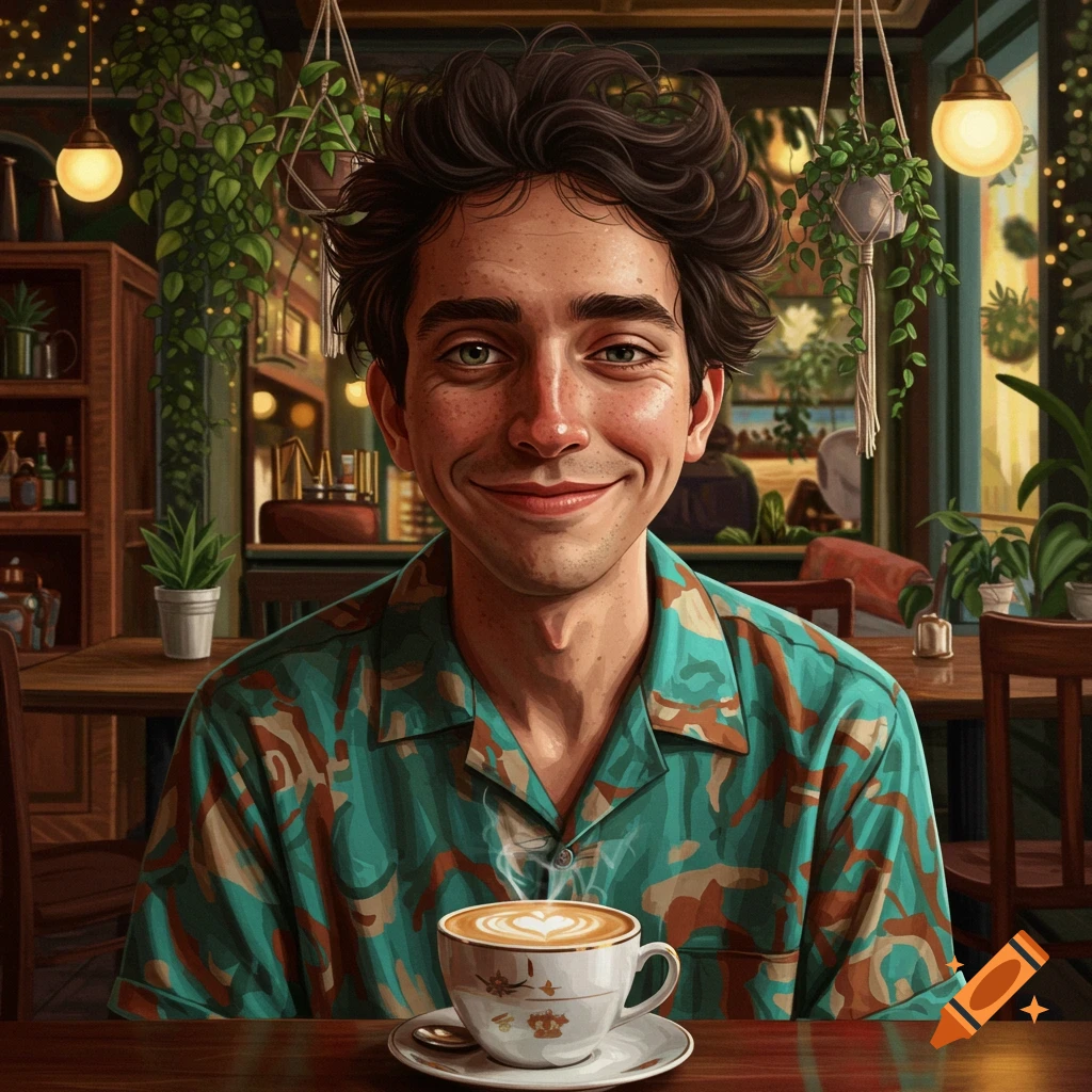 Stylized portrait of a young man with a shy smile sitting at a cafe table with a steaming coffee.