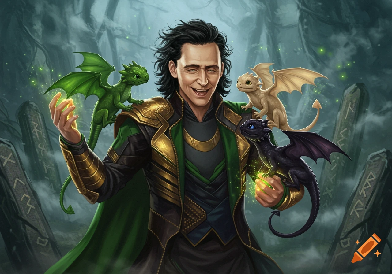 Loki Laufeyson, smiling mischievously in a green and gold outfit, holds three baby dragons in a mystical forest with runic stones.