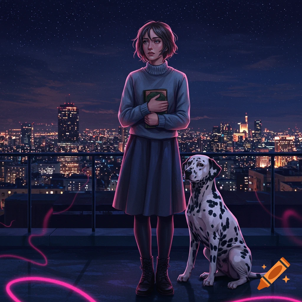 Digital art of a young woman holding a book, standing next to a Dalmatian on a city rooftop at night, with a starry sky.