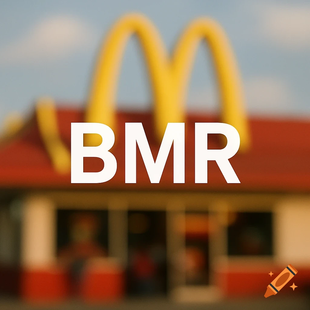 A sharp white 'BMR' logo centered over a blurred background of a McDonald's restaurant with its golden arches.