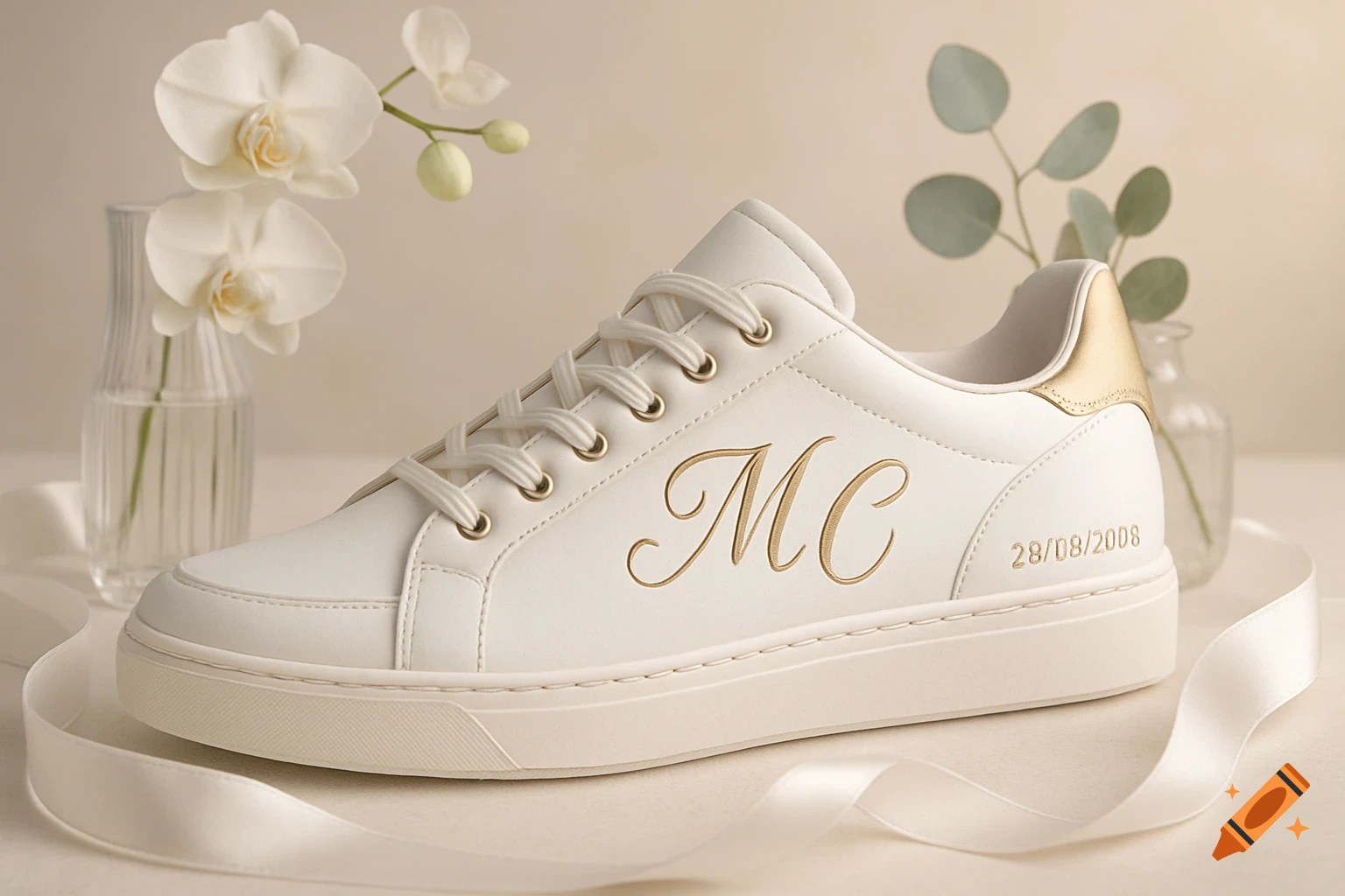 White personalized sneaker with gold 'MC' initials and a date, surrounded by white orchids and satin ribbon, in a soft, bright setting.