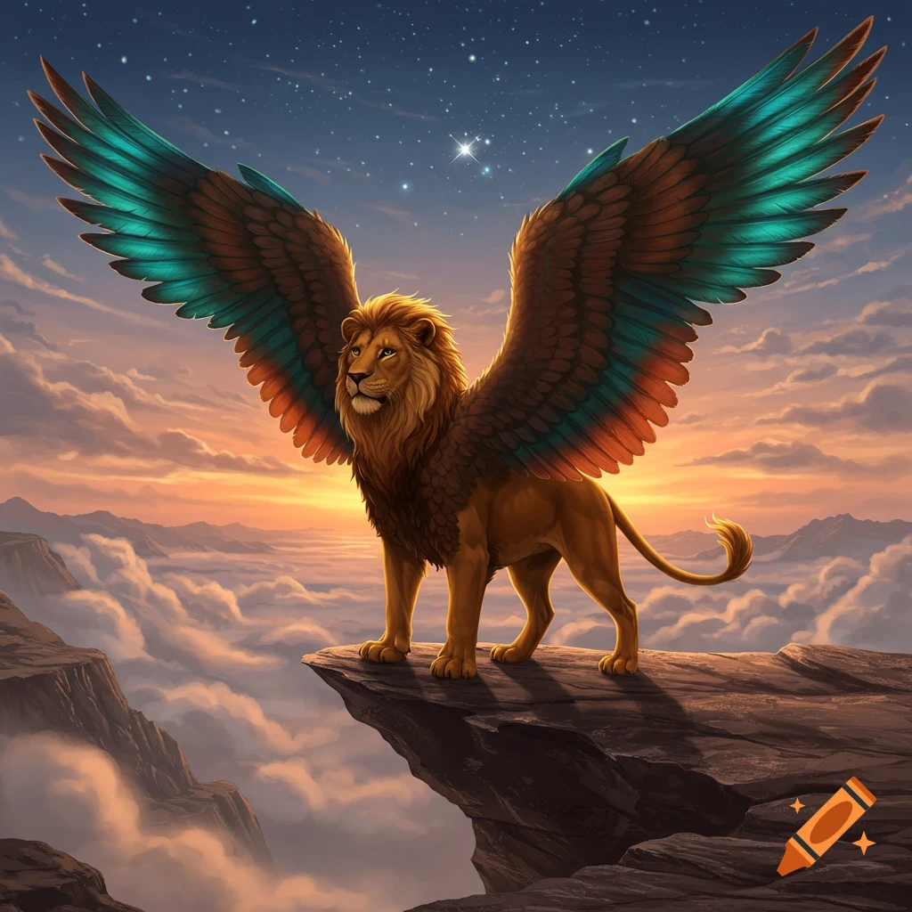 A majestic winged lion with colorful wings stands on a cliff overlooking a sea of clouds at sunset under a starry sky. Digital art.