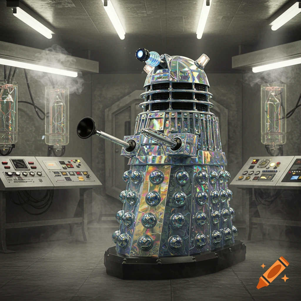 A photorealistic image of an iridescent, crystal-like Dalek in a smoky retro-futuristic laboratory with control panels.