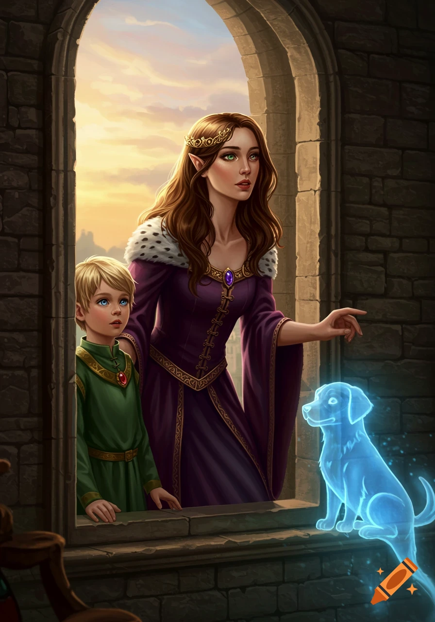 An illustration of an elf woman in purple medieval clothing and her son in green, looking out a castle window with a glowing blue spectral puppy.