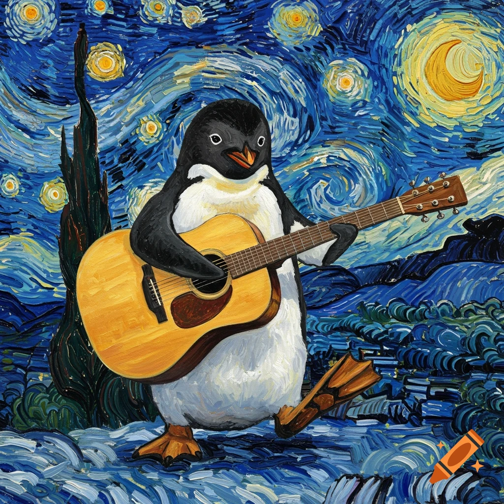 A black and white penguin plays an acoustic guitar, painted in the swirling, thick brushstroke style of Van Gogh's Starry Night.
