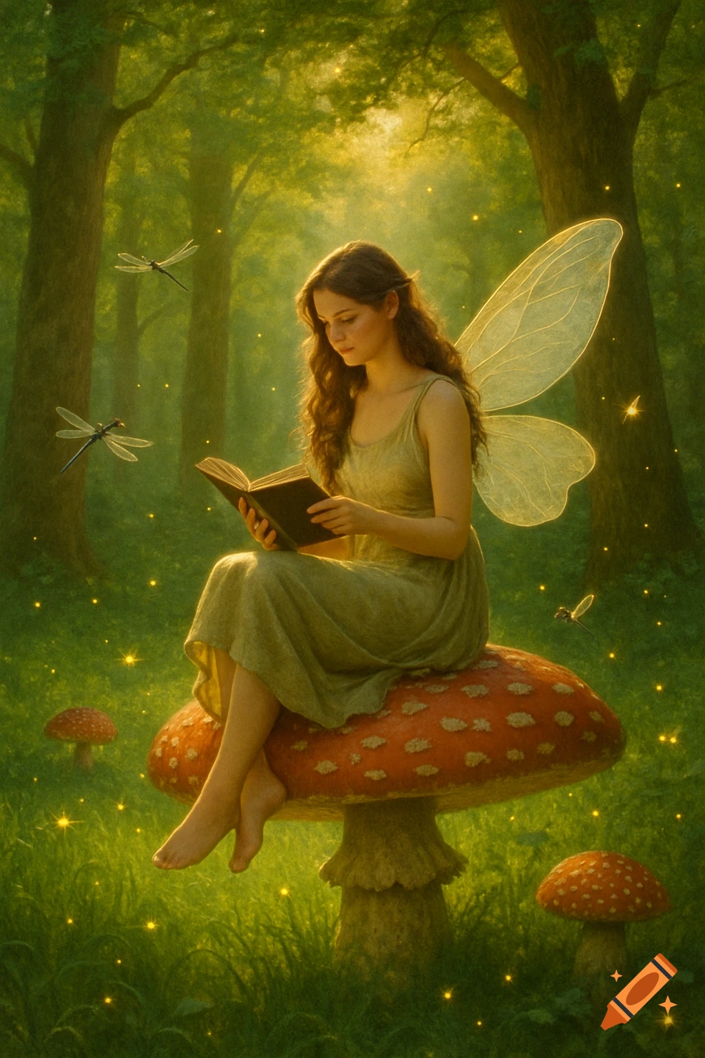 A realistic fairy with long brown hair and translucent wings sits on a red mushroom reading a book in an enchanted forest.