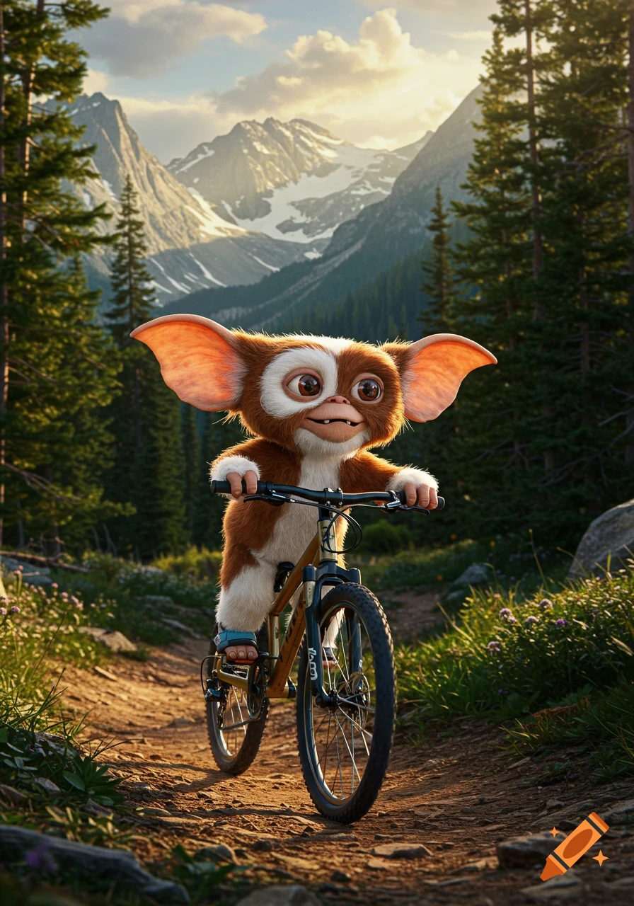 Gizmo the gremlin rides a mountain bike on a dirt trail through a sunny mountain forest.
