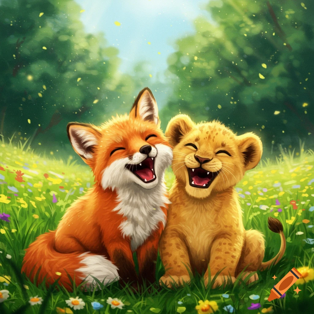 A cute red fox and a lion cub laugh together in a bright, flower-filled meadow, illustrated in a vibrant style.