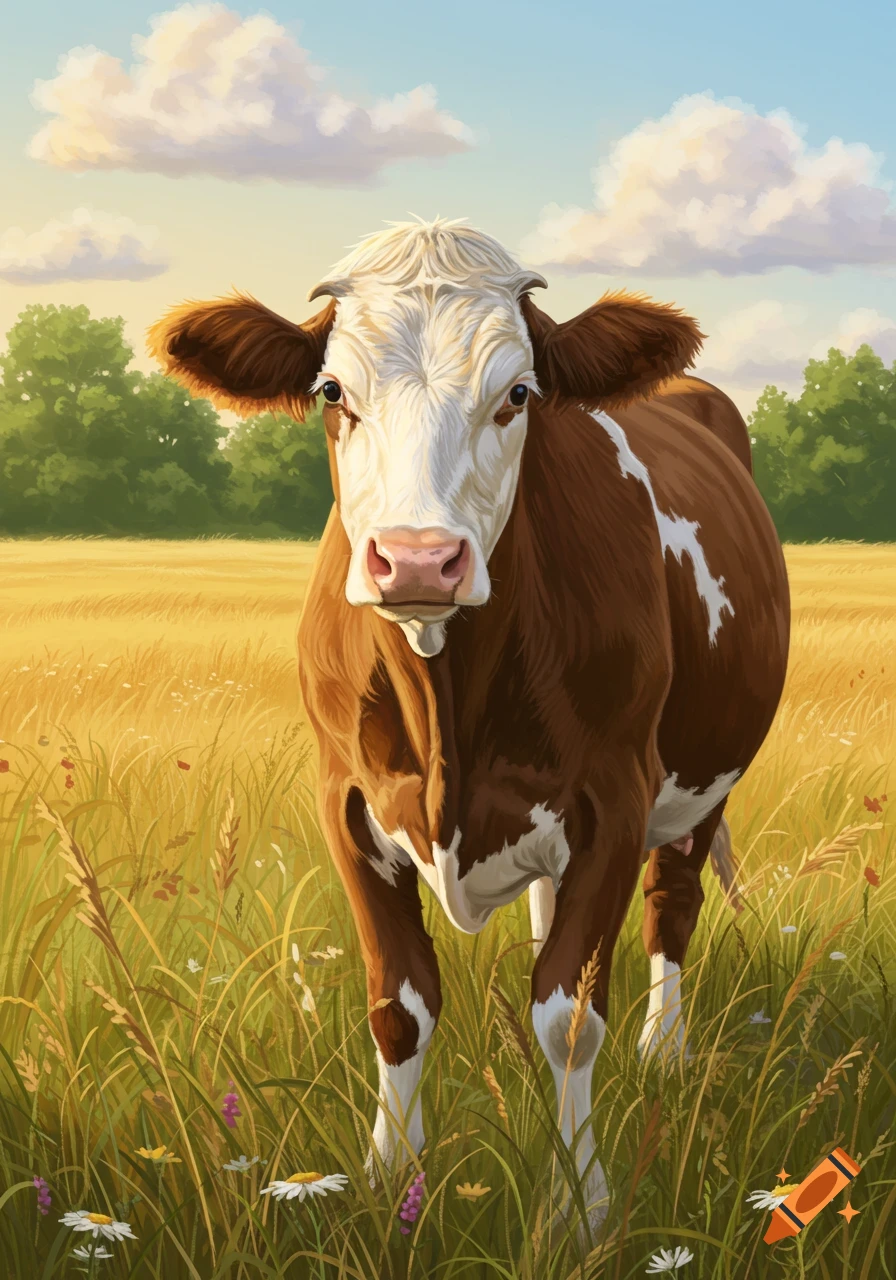 An illustrative depiction of a brown and white cow standing in a sunny golden field under a blue sky with clouds.