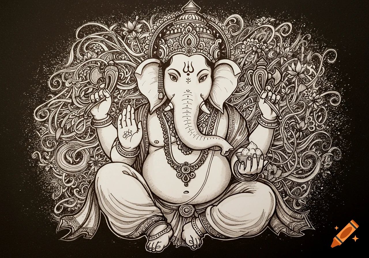 Detailed ink drawing of Ganesha sitting peacefully, holding sweets, with an ornate, swirling background.