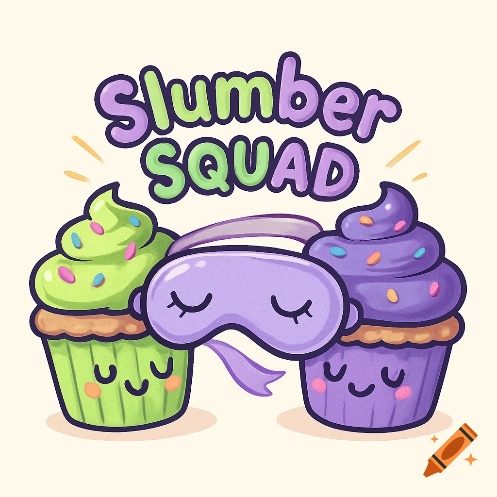 Cartoon logo with green and purple cupcakes, a sleep mask, and the text Slumber SQUAD.