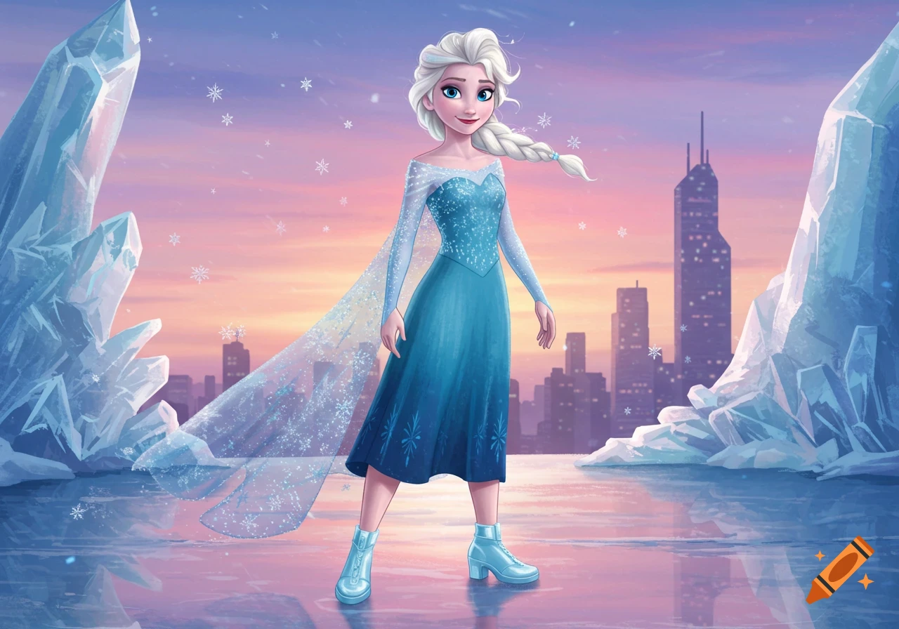 Illustration of a young woman resembling Elsa in a blue dress and boots, standing on ice amidst crystals with a city skyline at sunset.