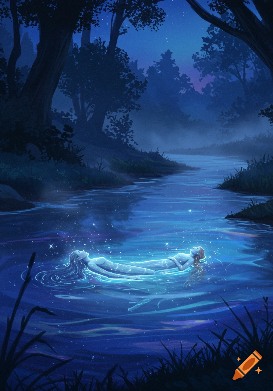 Two ethereal figures float on their backs in a glowing blue river at night, surrounded by dark forest trees.