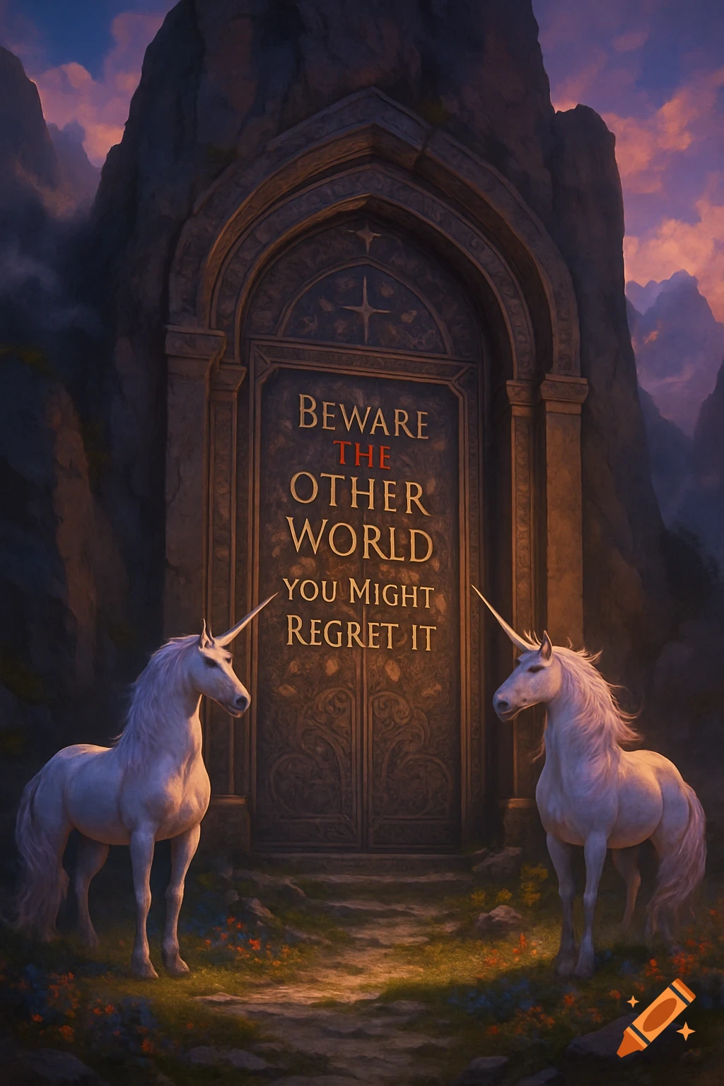 Two white unicorns guard an ornate stone door in a mountain landscape at sunset, inscribed with 'Beware the Other World You Might Regret It'.